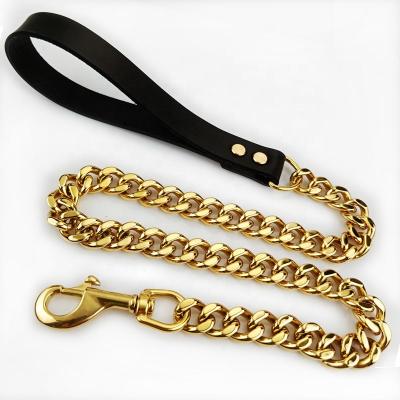 China Hot Selling Heavy Duty Stocked Stainless Steel Dog Collar And Leash Set With Leather Handle Dog Cuban Link Chain for sale