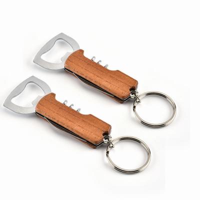 China Factory Multi Functional 2021 New Products 4 In 1 Multi Functions Wooden Handle Customized Logo Bottle Opener With Key Chain for sale