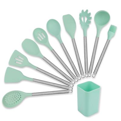 China Sustainable 11 Pieces Silicone Kitchen Tools With Stainless Steel Handle Silicone Kitchen Utensil Sets for sale