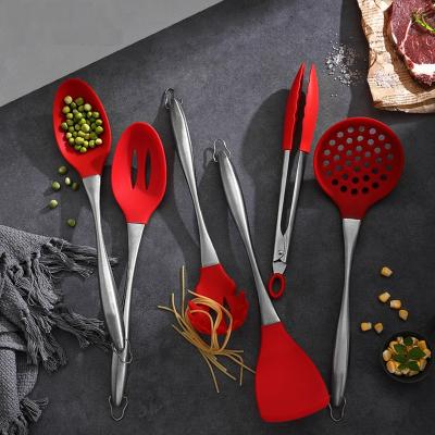 China Sustainable Silicone Cookware Set Stainless Steel Handle Cooking Spoon Shovel Kitchen Utensil Spatula for sale