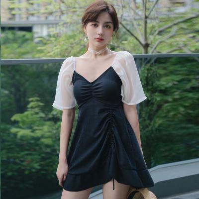 China New Breathable Good Quality Drawstring Pleated One Piece Half Skirt Style Sleeve Swimwear for sale