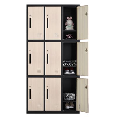 China Commercial Office Furniture Woodgrain Transfer Steel 9 Door Staff Clothing Foot Locker Metal Amazon Storage Lockers For Gym for sale