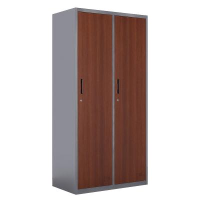 China Commercial Office Furniture Steel 2 Door Bedside Lockers Woodgrain Transfer Metal Clothes Key Storage Locker Cabinet for sale