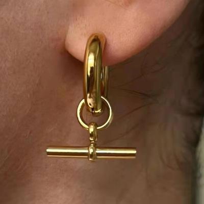 China TRENDY Fashion Stainless Steel Jewelry 18k Gold Plated Non Tarnish Small Stick Circle Loop Dangle Earring for sale