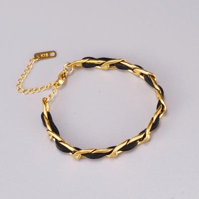 China TRENDY Fashion Stainless Steel Jewelry 18K Gold Plated Retro Macropore Leather Chain Bracelet for sale