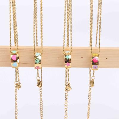 China TRENDY Fashion Stainless Steel Jewelry 18K Gold Plated Chromatic Painting Star Flower Love Smile Necklace for sale