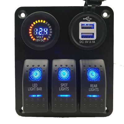 China QC4.0 3 Band USB ON Rocker Rocker Panel Voltmeter 3+2 Marine Blue Rocker Switch Panel Boat Car Bus for sale