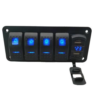 China QC4.0 4 Gang Rocker Switch Dual USB 12V 4+1 Panel Boat Car Bus Marine Blue Toggle RV RTV Rocker Switch Board for sale