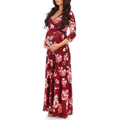 China Anti-Allergy Elegant Women Dresses V-Neck Maternity Clothing With Waist Belt Cropped Sleeves Maternity Wear Women Maxi Maternity Dress for sale