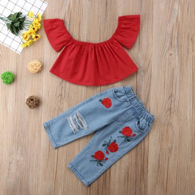 China Summer fashion sweet babies gently stretch five years old children's clothing sleeveless tops and denim pants printed cotton suits for sale