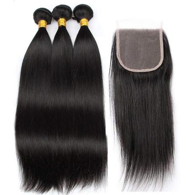 China Silky Straight Hair Extension Wave 4x4 Virgin Hair Straight Three Hair Bundles and One Closure for sale