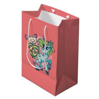 China Customized Recyclable RP Beauty Unicorn Lash Lipstick Paper Bags Small White Pink Glossy Lip Gloss Gift Bags With Satin Ribbon Tie Bow for sale