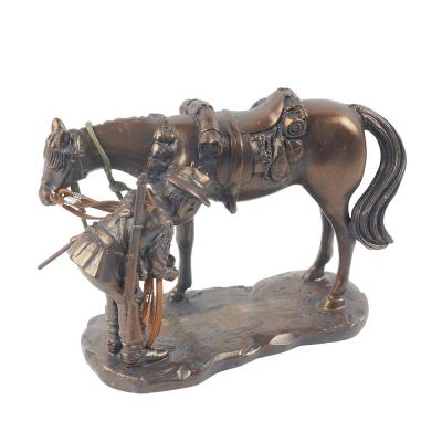 China Europe wholesale small size polyresin tabletop souvenir, bronze finish miniature statue of resin horse with soldiers for sale