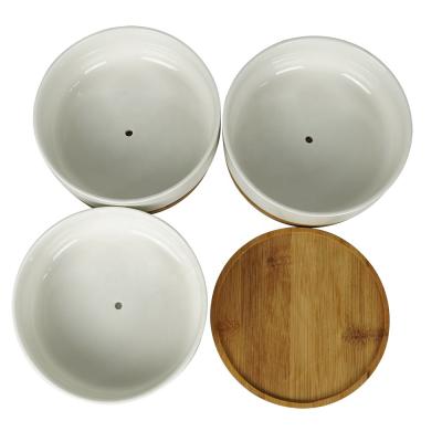 China Custom Modern Round Shape White Ceramic Succulent Pot With Bamboo Tray for sale