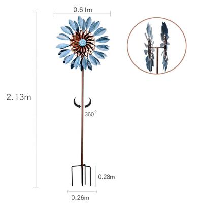 China Europe Style 2 Custom Outdoor Large Size Side Fan Metal Flower Kinetic Wind Spinner With Stand for sale