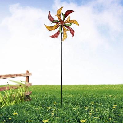 China Nordic Garden Decor Europe Style Metal Double Fan Windmill Outdoor Kinectic Wind Spinner With Stand for sale