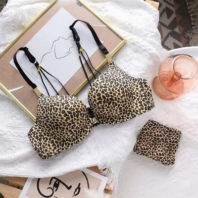 China Women Antibacterial Front Lingerie Button 3/4 Cup Adjustable Type Without Ring Steel Leopard Print Plus Size Bra And Panty Sets for sale