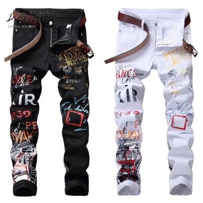 China Black White Printed Color Fade Proof Men Latest Design Denim Straight Pants Fashion Zippered Man Slim Fit Jeans Trousers for sale