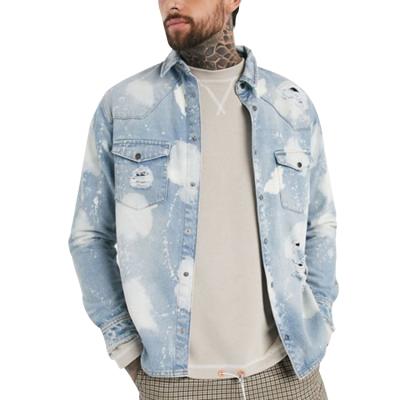 China Viable Custom Men's Jeans Hole Shirt Men's Long Sleeve Shirts Full Sleeve Casual Loose Street Wear 100% Cotton Shirts For Men for sale