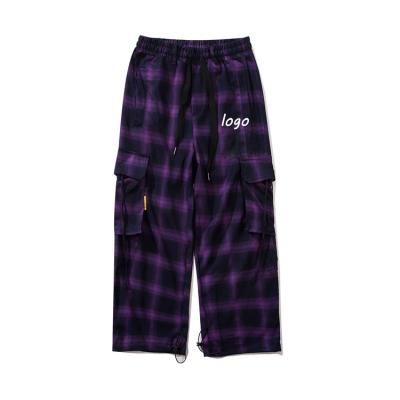 China Viable Mens Purple Plaid Pants Oversized Street Use Cargo Pants New Stylish Wide Leg Multi Pocket Pants for sale