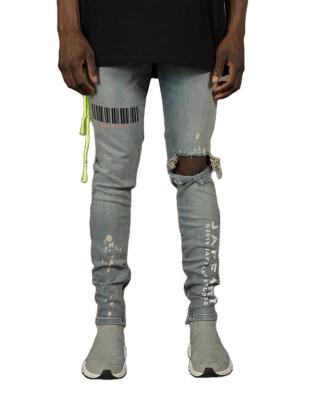 China New Arrival Men's Jeans High Street Skinny Casual Stacked Print Embroidery Breathable Ripped Slim Fit Pants Blue Men's Wear Lattice Pants for sale