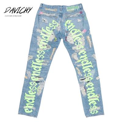 China Breathable Custom Denim Pants Jeans Embroidered Ripped Pants Mens Latest Stacked Hole Jeans for sale