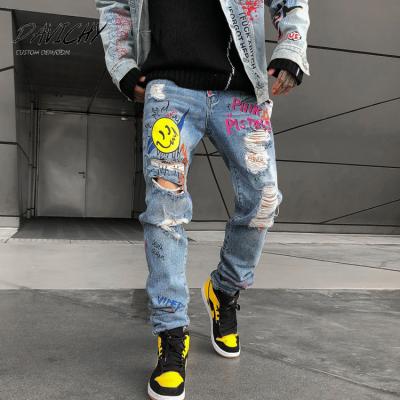 China 2021 jeans men cotton pencil print breathable ripped slim fit leg distressed hole washed man jeans pants for sale