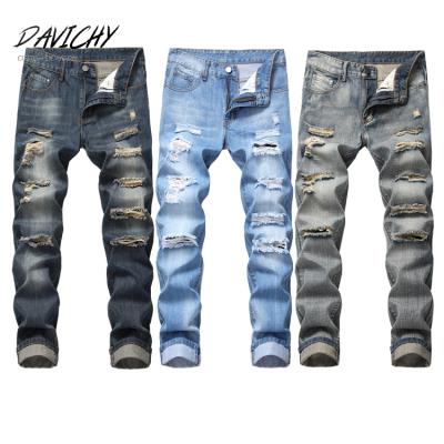 China Plus Size Custom Logo Ripped Mens Jeans Straight Leg Washed Casual Blue Denim Pants Zippered Slim Fit Jeans Man for sale