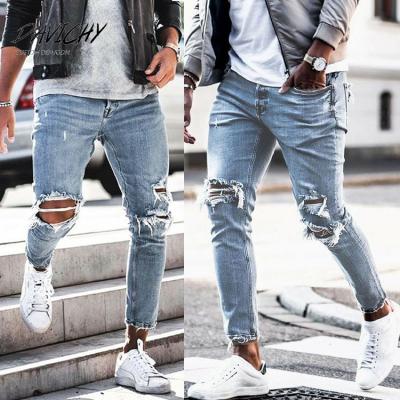 China Breathable Fashion Latest Hole Distressed Denim Ripped Skinny Jeans Boy's Pants Mens Zipper Jeans for sale