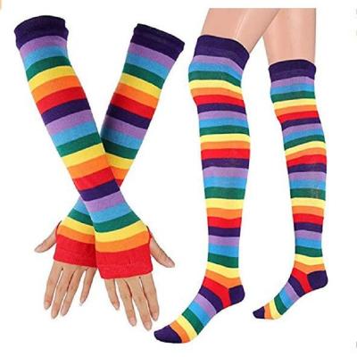 China Wholesale Price Winter Suit Rainbow Stripe Arm Leg Warmer QUICK DRY Knit Fingerless Stockings For Women Girls for sale