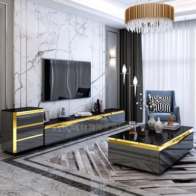 China Latest Modern Design Stainless Steel Living Room Furniture Living Room TV Cabinet And TV Cabinet Modern Tea Table Combination Stands for sale