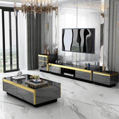 China Modern Luxury Modern Living Room Furniture Stainless Steel Tea Table Combination TV Cabinet and TV Cabinet Stands for sale