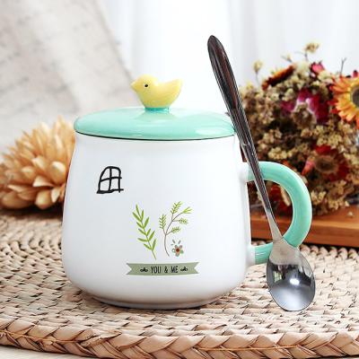 China Viable South Korea With Lid Spoon Household Drinkware Custom Creative Pastoral Style Ceramic Mug for sale