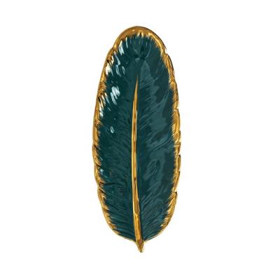 China Decorative Gold Emerald Green Fruit Plate Jewelry Storage Banana Leaf Tray Candle Holder for sale