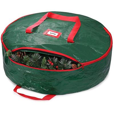 China Vintage Round Shape Zipper Closure Tote Christmas Reath Storage Bag Waterproof PE Red Green Color Christmas Wreath Interesting Collection Bag for sale