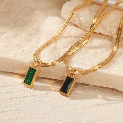 China Casual / Sporty Waterproof 18K Gold Plated Necklace Stainless Steel Green Square Glass Emerald Pendant Necklace for sale