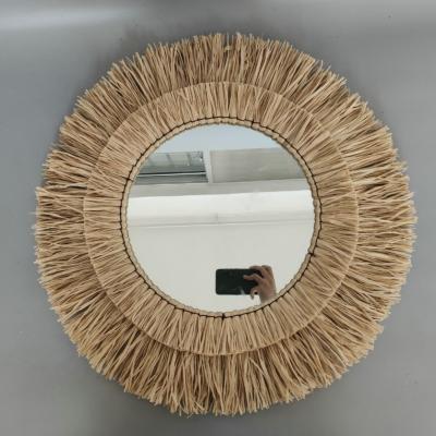 China High Quality Modern Bohemian Style Raffia Wall Mirror For Living Room Decoration Home Mirror for sale