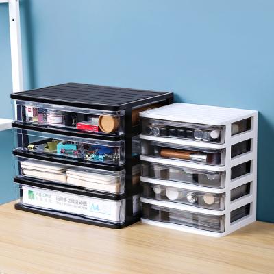 China Viable Design Black White Transparent Plastic Wide Flat Cosmetic Stationery Drawer Storage Box Desk Cabinet for sale