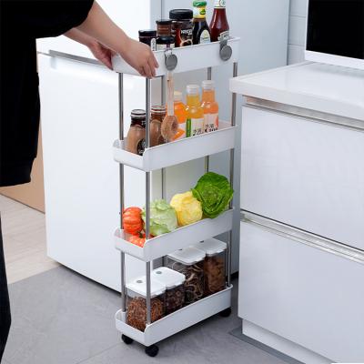 China Sustainable Narrow Movable 4 Tier Kitchen Design Seated Plastic Storage Rack With Wheels Hooks for sale