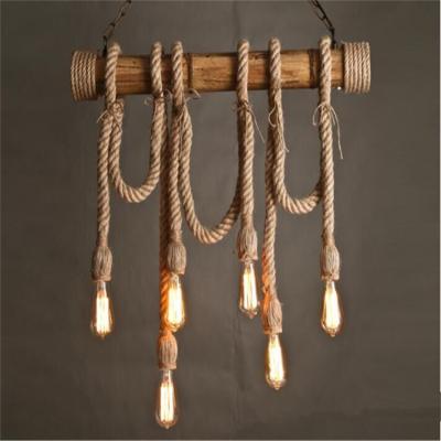 China Easy Installation Vintage Lighting Hanging Restaurant Pendant Chandelier Light E27 Iron Bamboo Hemp Rope Handmade for sale