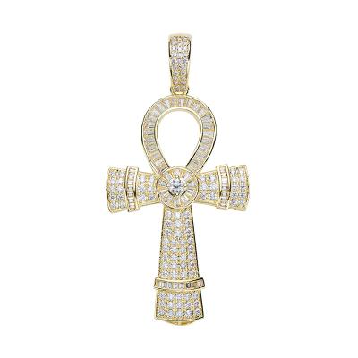 China Solid 10K Yellow Gold Ankh Religious Egyptian Cross Charm Dangling Wand Iced Out CZ Hip Hop Religious Jewelry For Women Men for sale