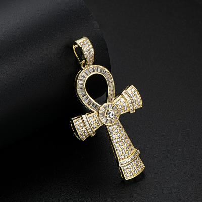 China Solid 14K Yellow Gold Ankh Religious Egyptian Cross Charm Dangling Wand Iced Out CZ Hip Hop Religious Jewelry For Women Men for sale