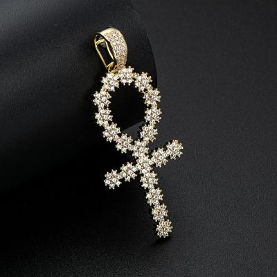 China Religious Egyptian Ankh Cross Charm Pendant For Men Women Solid 14K Yellow Gold Iced Out CZ Hip Hop Religious Jewelry Gift for sale