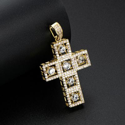 China Exit Religious Iced Out Halo Around Solid CZ Cross Charm 14K Yellow Gold Hip Hop Jewelry Pendant Religious Gift For Women Men for sale