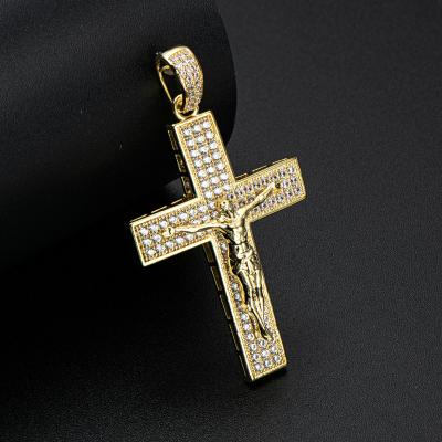 China Religious Solid Gold Jesus Cross Pendant 14K Yellow Gold Iced Out CZ Hip Hop Faith Religious Jewelry For Women Men for sale