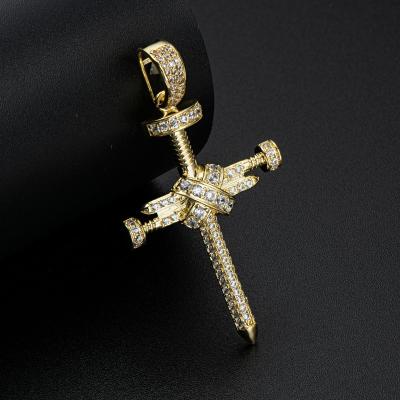 China 14K Yellow Gold Religious Solid Nail Cross Charm Pendant For Women Men Iced Out CZ Hip Hop Religious Jewelry Christian Baptism Gift for sale