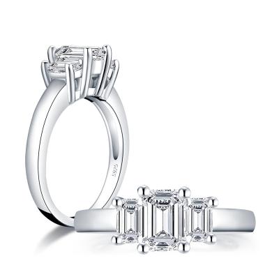 China Lead Free Zircon Emerald Cut Ring Shiny 925 Sterling Silver Three Stone Ring Homemade 5*7mm for sale