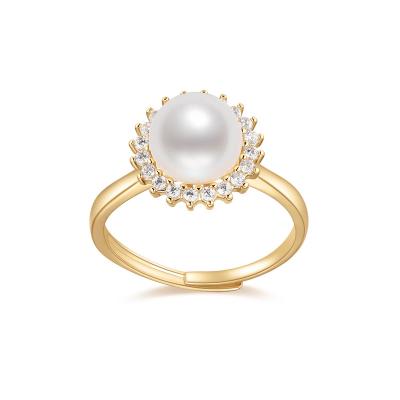 China Lead Free Flower Pearl Ring For Girls 14K Gold Filled Natural Cultured Adjustable Halo 8.5-9mm Freshwater Pearl Ring Women Wedding Jewelry for sale