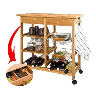 China BAMBOO Bamboo Rolling Serving Kitchen Storage Service Cart with Wine Rack Shelves& Two Storage Drawers for sale