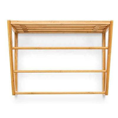 China Sustainable Wall Mounted Bamboo Wooden Bathroom Towel Rack With 3 Rails Small Bathroom Shelf for sale